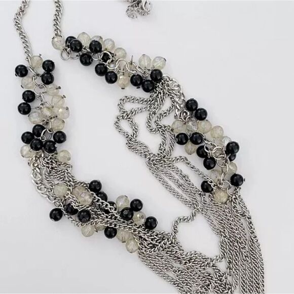 BANANA REPUBLIC SILVER TONE MULTI-STRAND BLACK RESIN BEADS 30"-33" NECKLACE NWOT - Picture 2 of 3